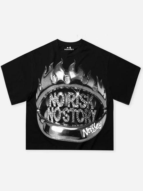 NOISSEY Metal Flame No Risk No Story graphic oversized tee in onyx black.