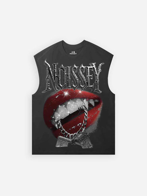 NOISSEY Diamond Devil Lips print tank top front view.